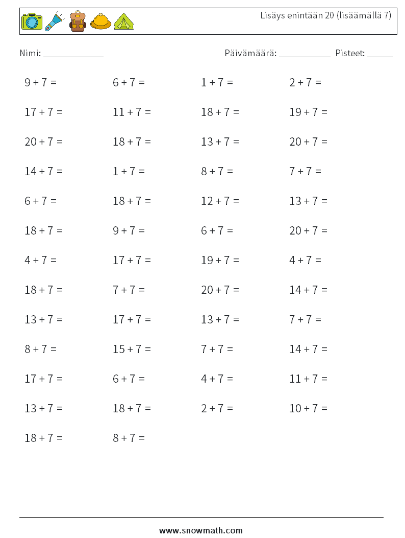 (50) Lisäys enintään 20 (lisäämällä 7) Matematiikan laskentataulukot 7