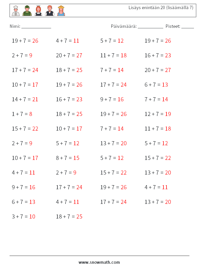 (50) Lisäys enintään 20 (lisäämällä 7) Matematiikan laskentataulukot 8 Kysymys, vastaus