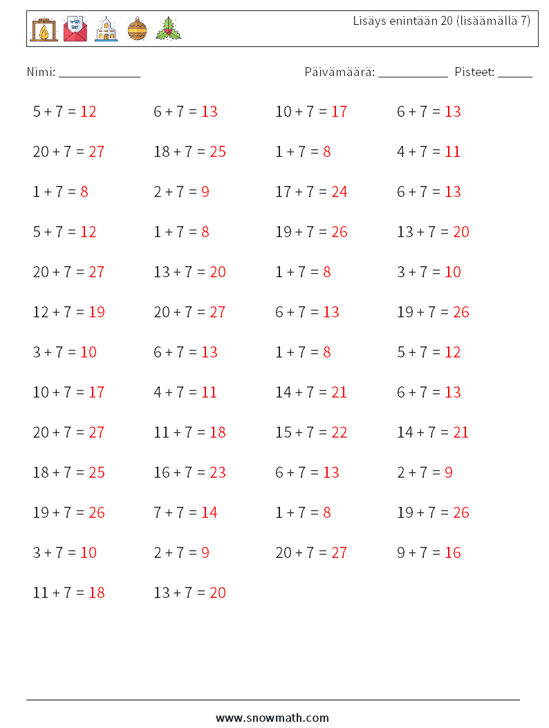 (50) Lisäys enintään 20 (lisäämällä 7) Matematiikan laskentataulukot 9 Kysymys, vastaus