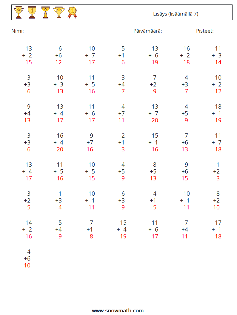 (50) Lisäys (lisäämällä 7) Matematiikan laskentataulukot 10 Kysymys, vastaus