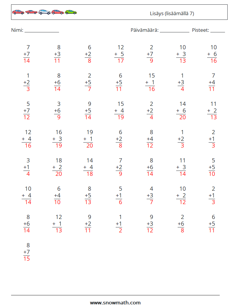 (50) Lisäys (lisäämällä 7) Matematiikan laskentataulukot 11 Kysymys, vastaus