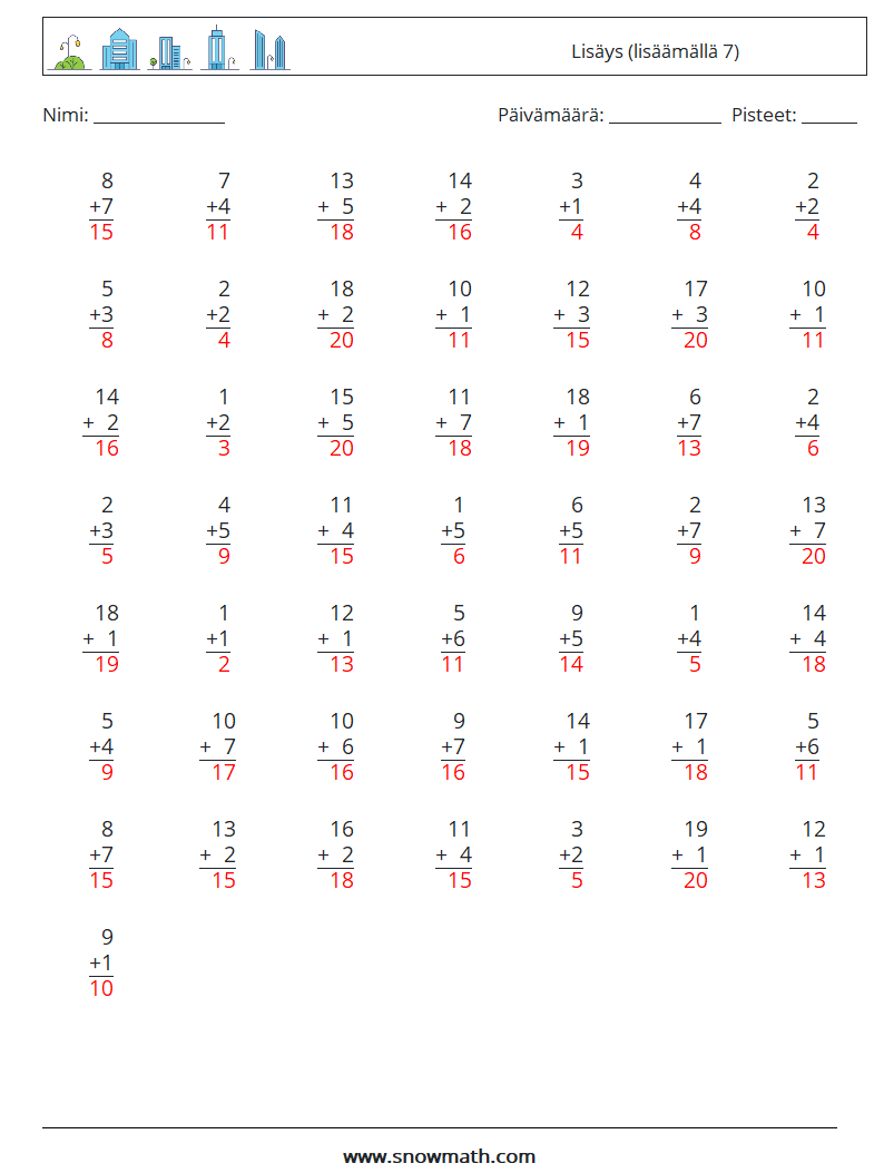 (50) Lisäys (lisäämällä 7) Matematiikan laskentataulukot 12 Kysymys, vastaus