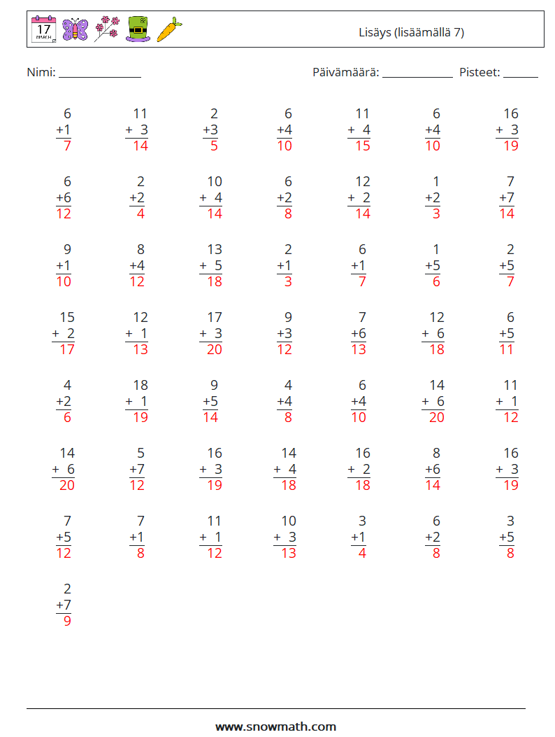 (50) Lisäys (lisäämällä 7) Matematiikan laskentataulukot 14 Kysymys, vastaus