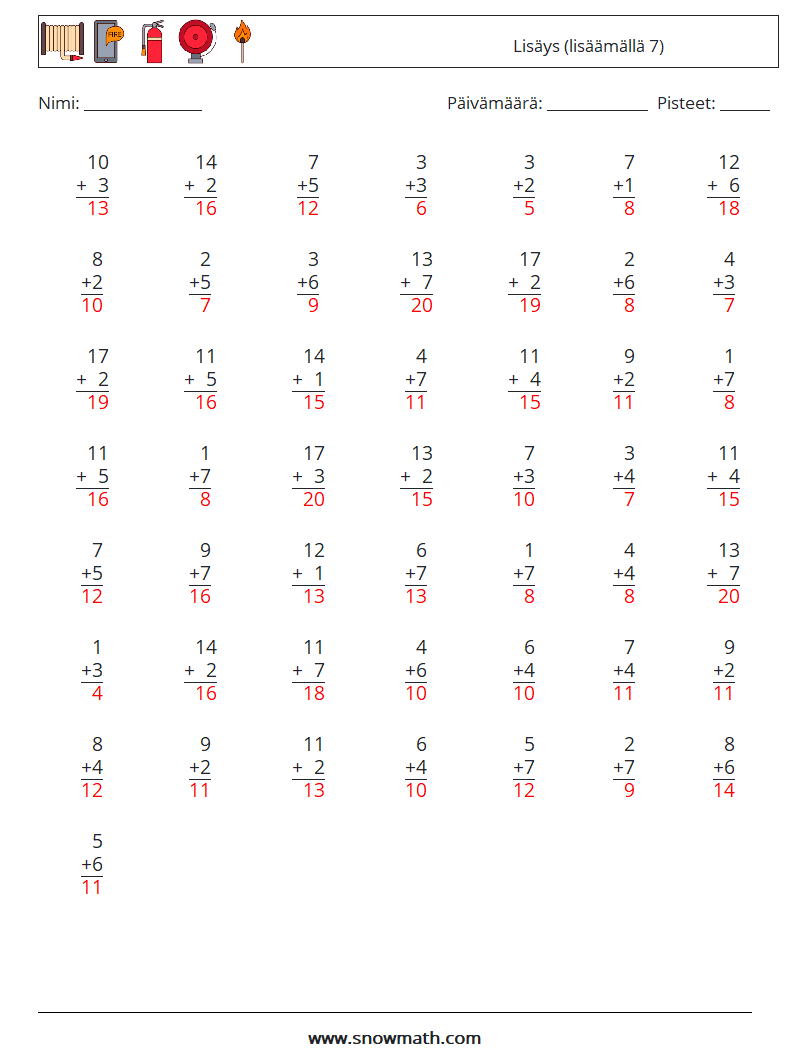 (50) Lisäys (lisäämällä 7) Matematiikan laskentataulukot 15 Kysymys, vastaus