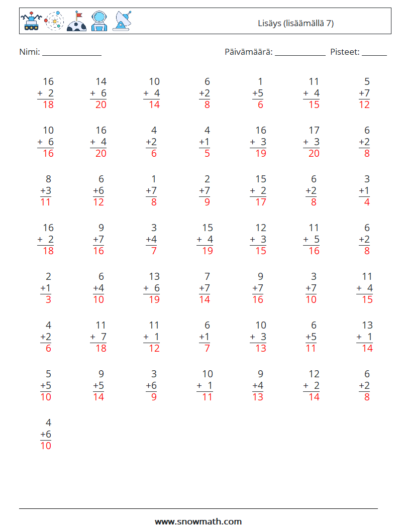 (50) Lisäys (lisäämällä 7) Matematiikan laskentataulukot 16 Kysymys, vastaus