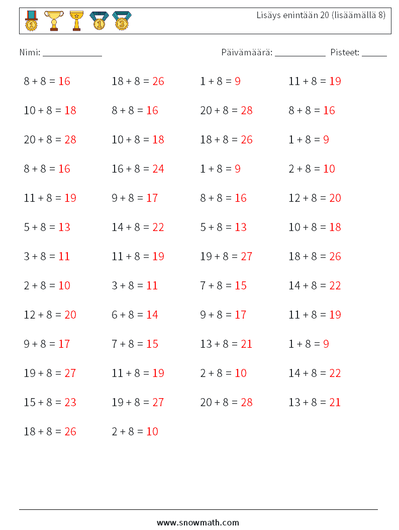(50) Lisäys enintään 20 (lisäämällä 8) Matematiikan laskentataulukot 2 Kysymys, vastaus