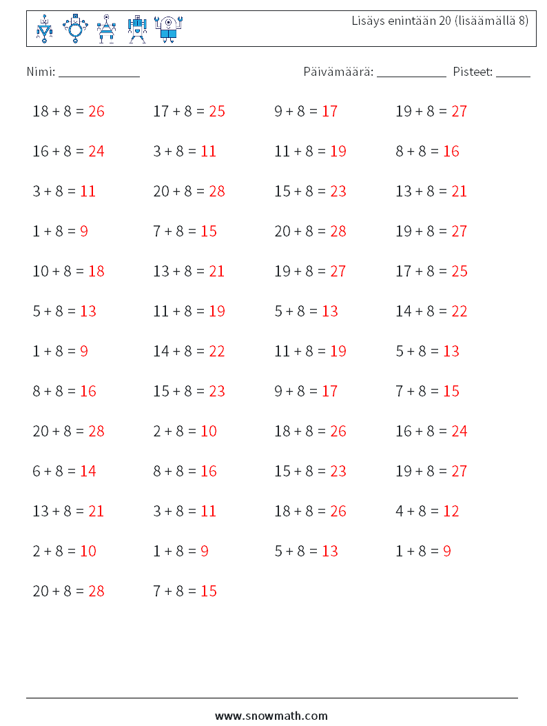 (50) Lisäys enintään 20 (lisäämällä 8) Matematiikan laskentataulukot 5 Kysymys, vastaus