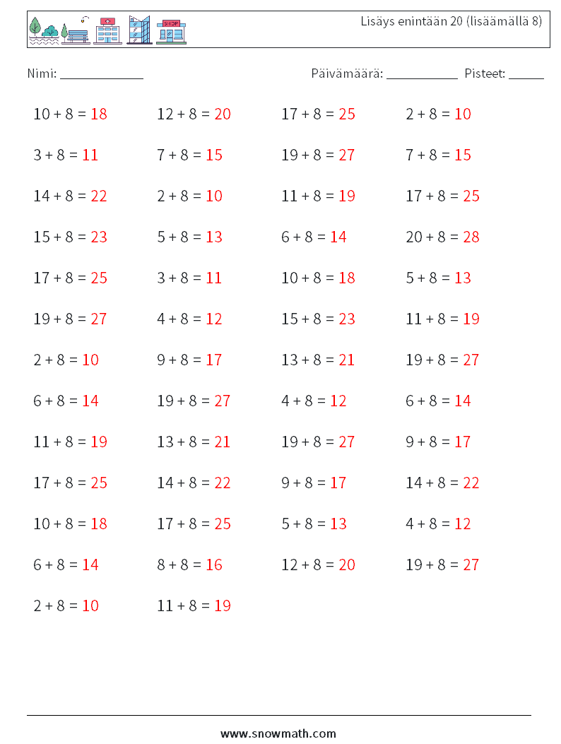 (50) Lisäys enintään 20 (lisäämällä 8) Matematiikan laskentataulukot 6 Kysymys, vastaus