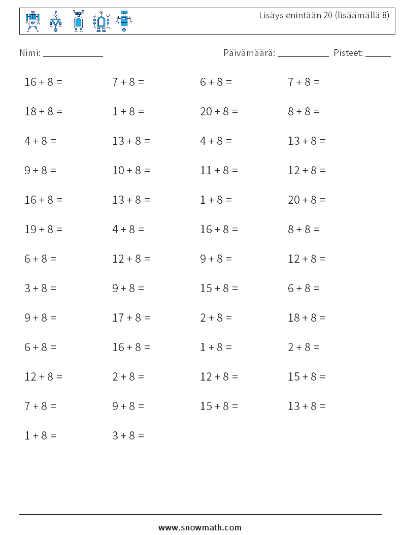(50) Lisäys enintään 20 (lisäämällä 8) Matematiikan laskentataulukot 7