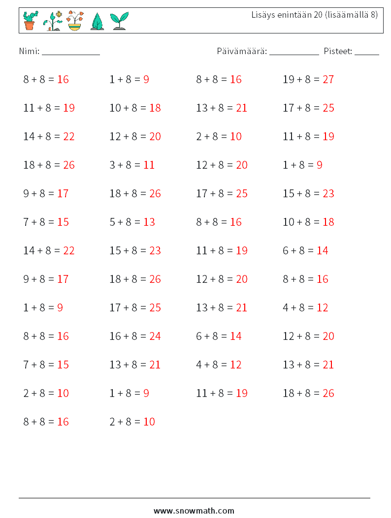 (50) Lisäys enintään 20 (lisäämällä 8) Matematiikan laskentataulukot 8 Kysymys, vastaus