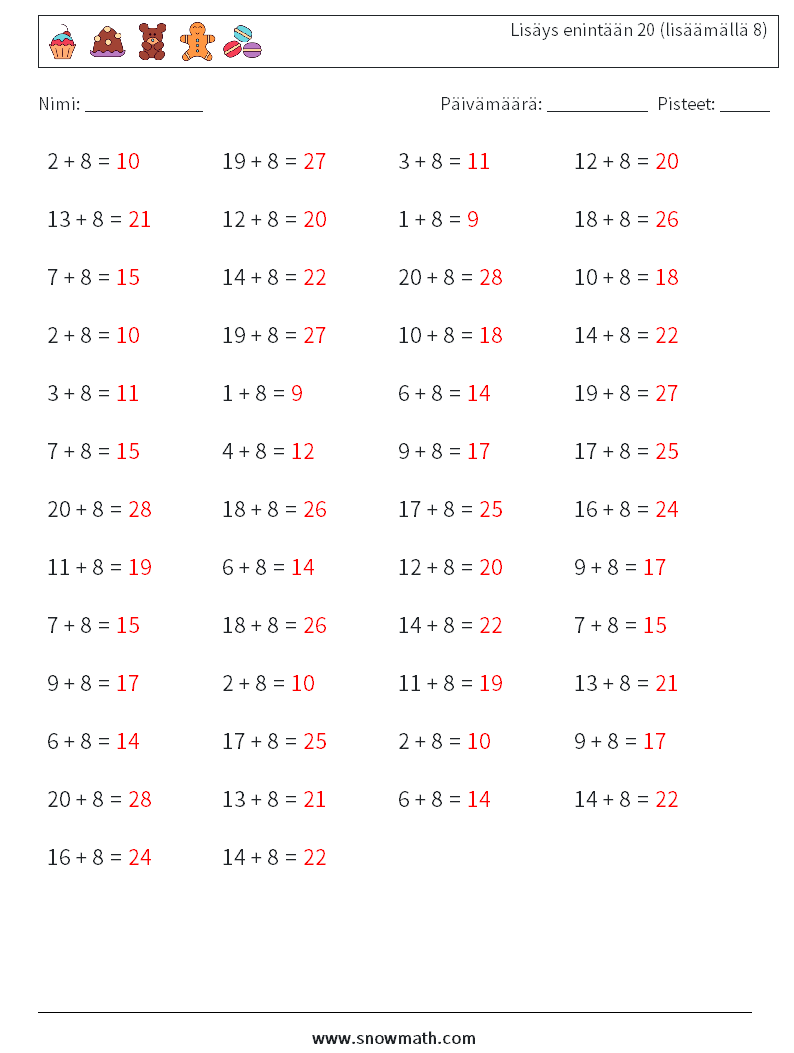 (50) Lisäys enintään 20 (lisäämällä 8) Matematiikan laskentataulukot 9 Kysymys, vastaus