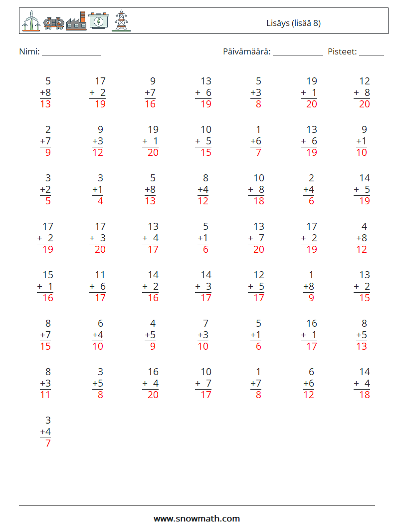 (50) Lisäys (lisää 8) Matematiikan laskentataulukot 12 Kysymys, vastaus