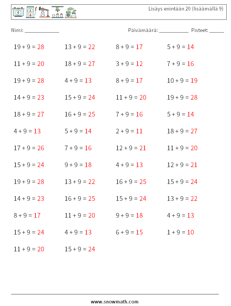 (50) Lisäys enintään 20 (lisäämällä 9) Matematiikan laskentataulukot 3 Kysymys, vastaus