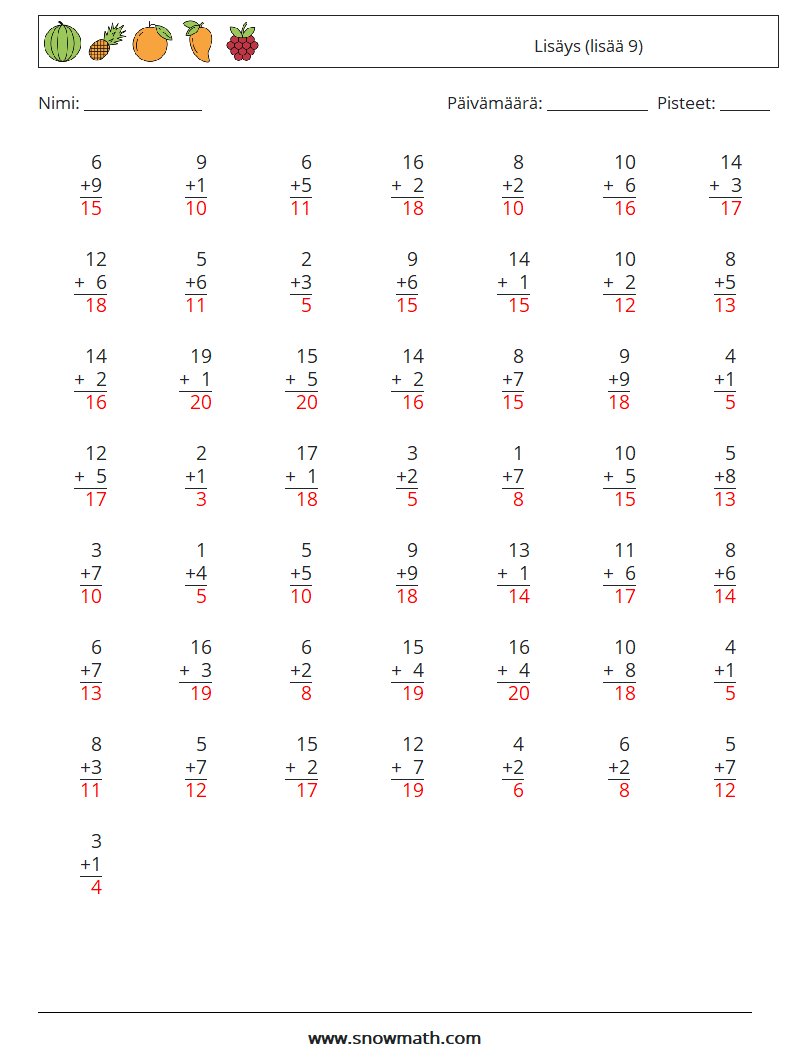 (50) Lisäys (lisää 9) Matematiikan laskentataulukot 11 Kysymys, vastaus