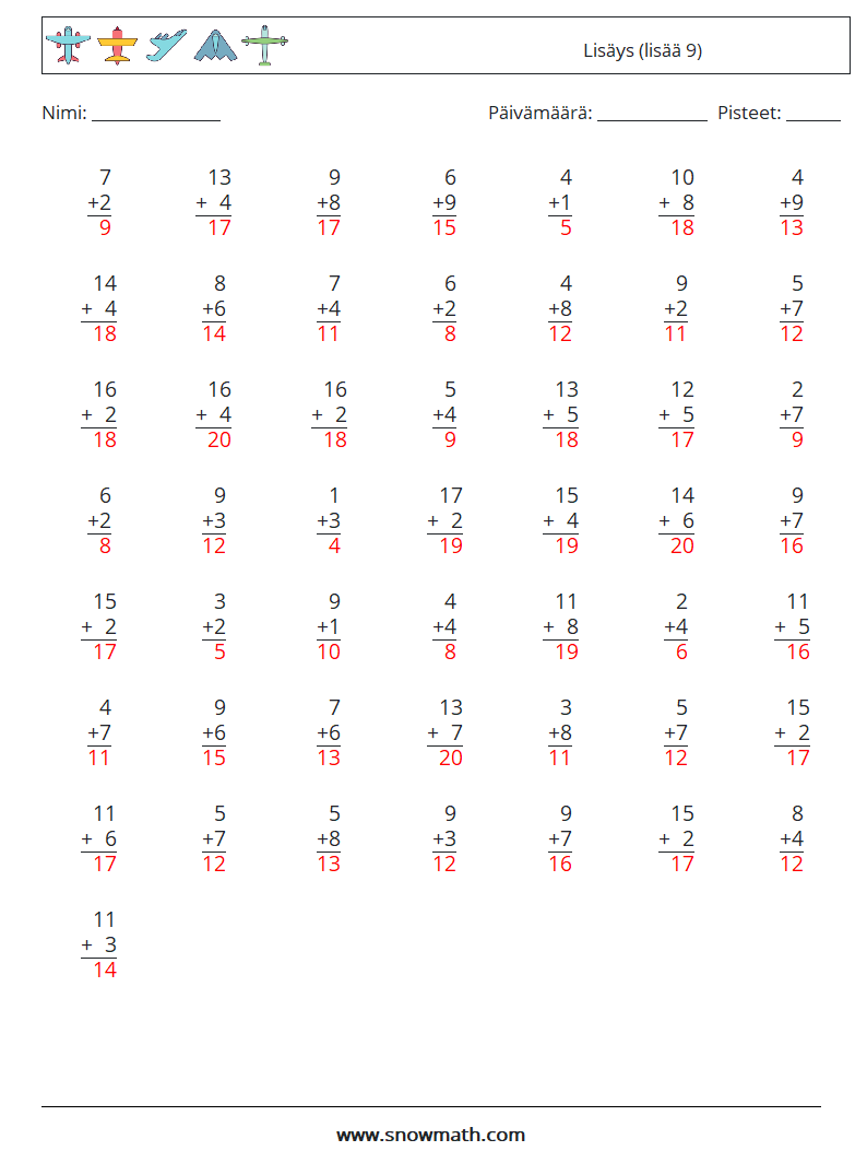 (50) Lisäys (lisää 9) Matematiikan laskentataulukot 17 Kysymys, vastaus