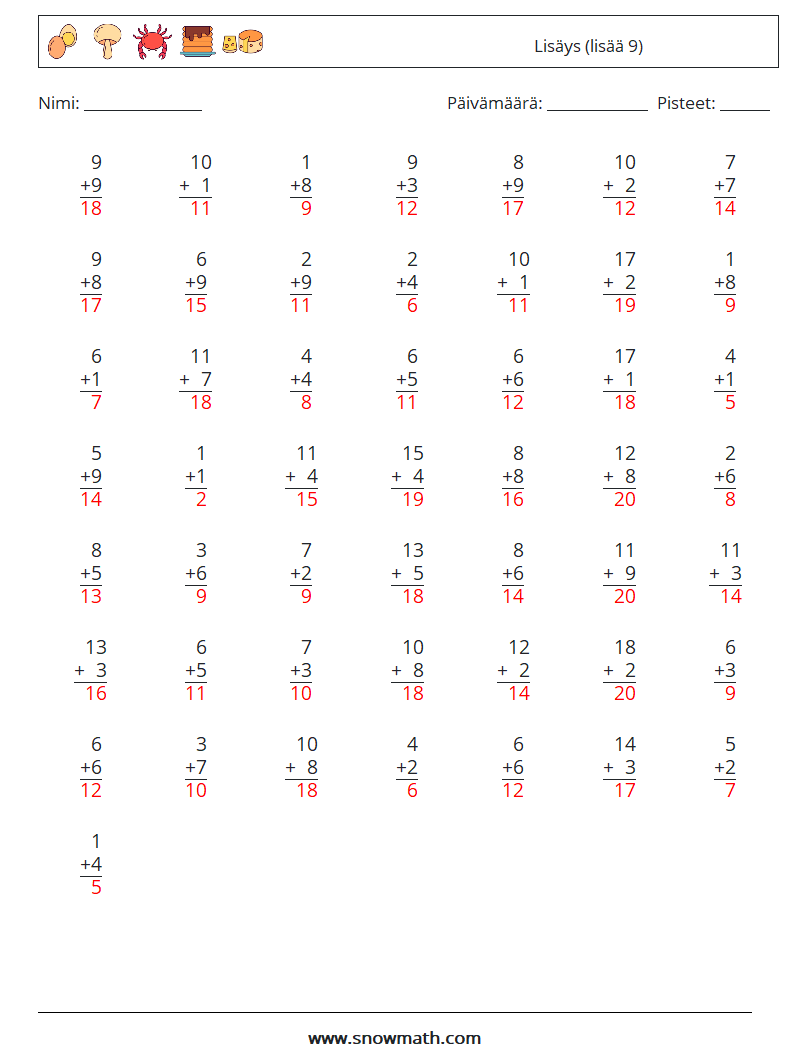 (50) Lisäys (lisää 9) Matematiikan laskentataulukot 18 Kysymys, vastaus