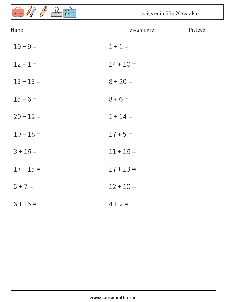 (20) Lisäys enintään 20 (vaaka) Matematiikan laskentataulukot 2