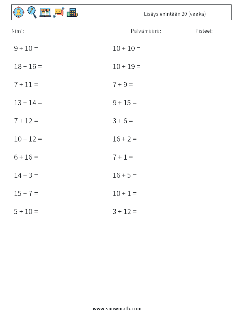 (20) Lisäys enintään 20 (vaaka) Matematiikan laskentataulukot 3