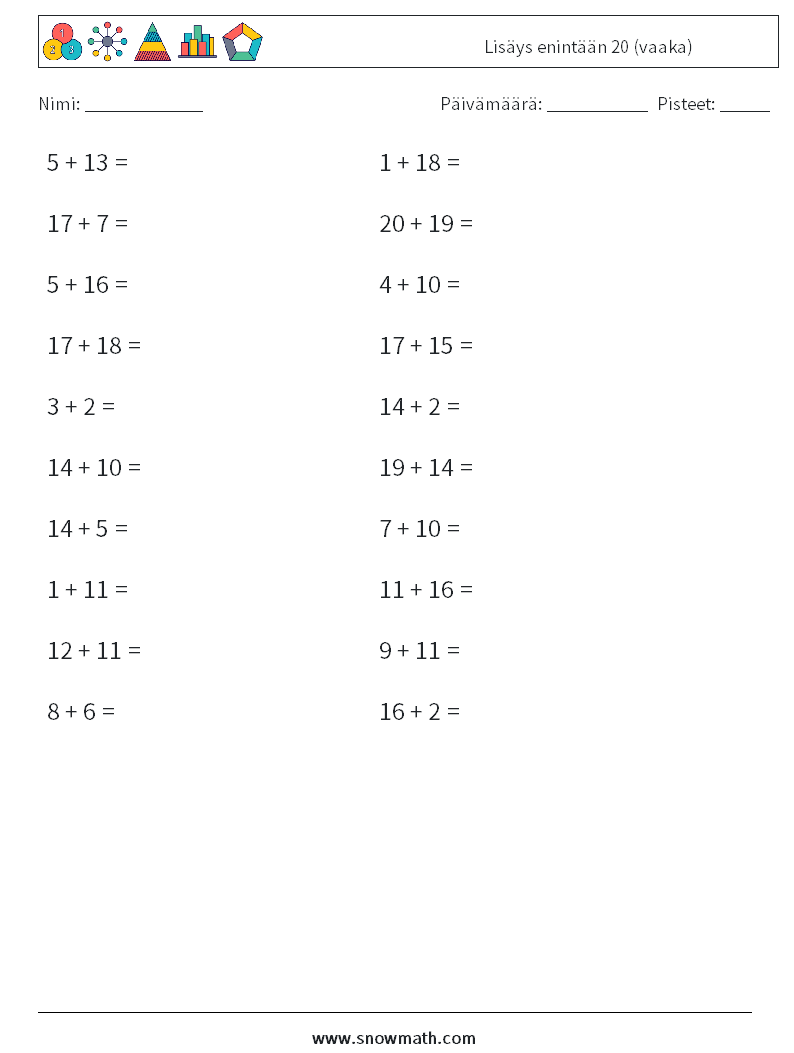 (20) Lisäys enintään 20 (vaaka) Matematiikan laskentataulukot 4