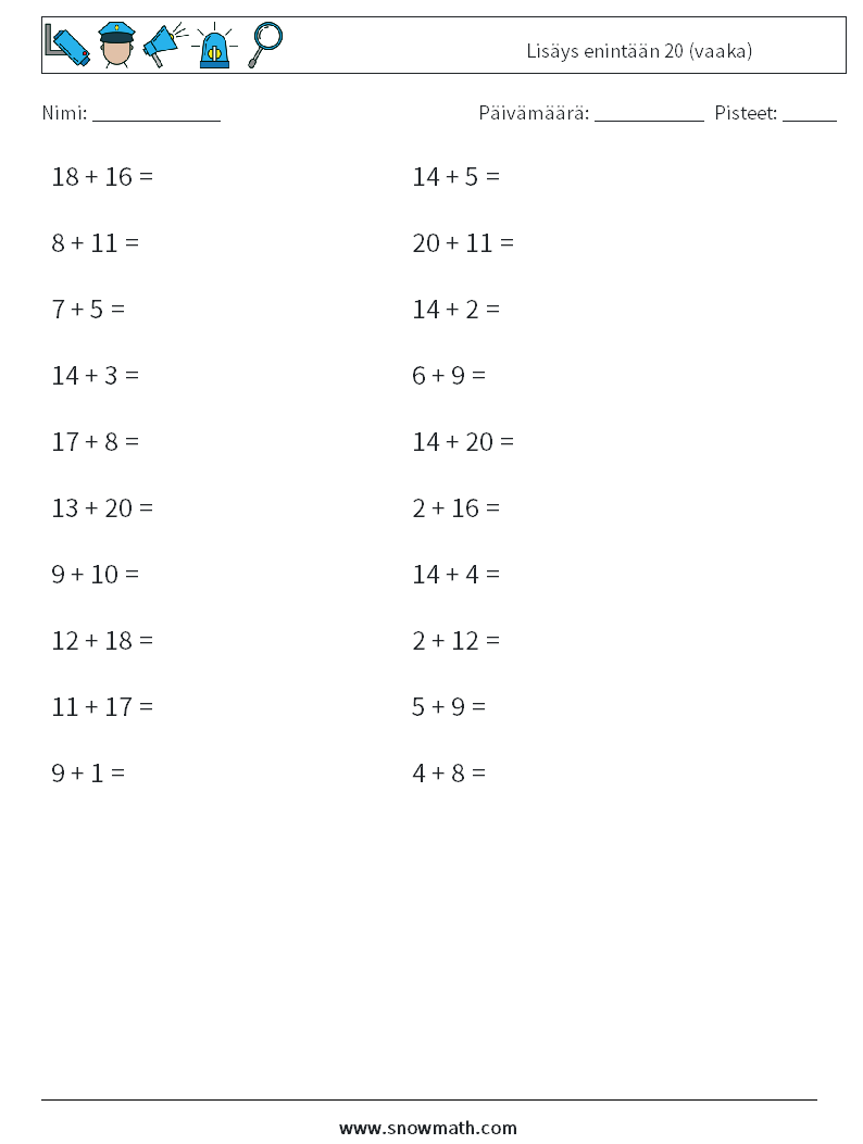 (20) Lisäys enintään 20 (vaaka) Matematiikan laskentataulukot 6