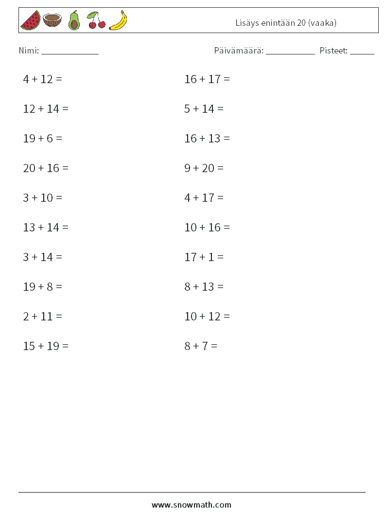 (20) Lisäys enintään 20 (vaaka) Matematiikan laskentataulukot 7