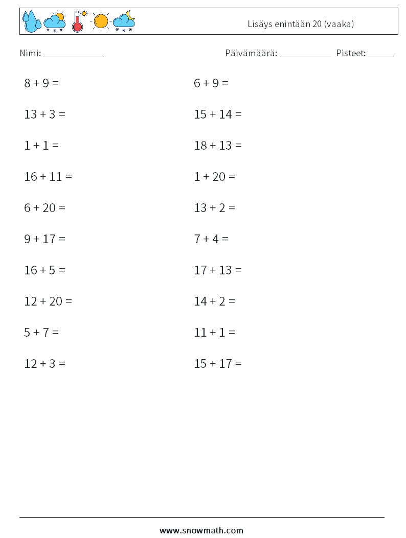 (20) Lisäys enintään 20 (vaaka) Matematiikan laskentataulukot 8