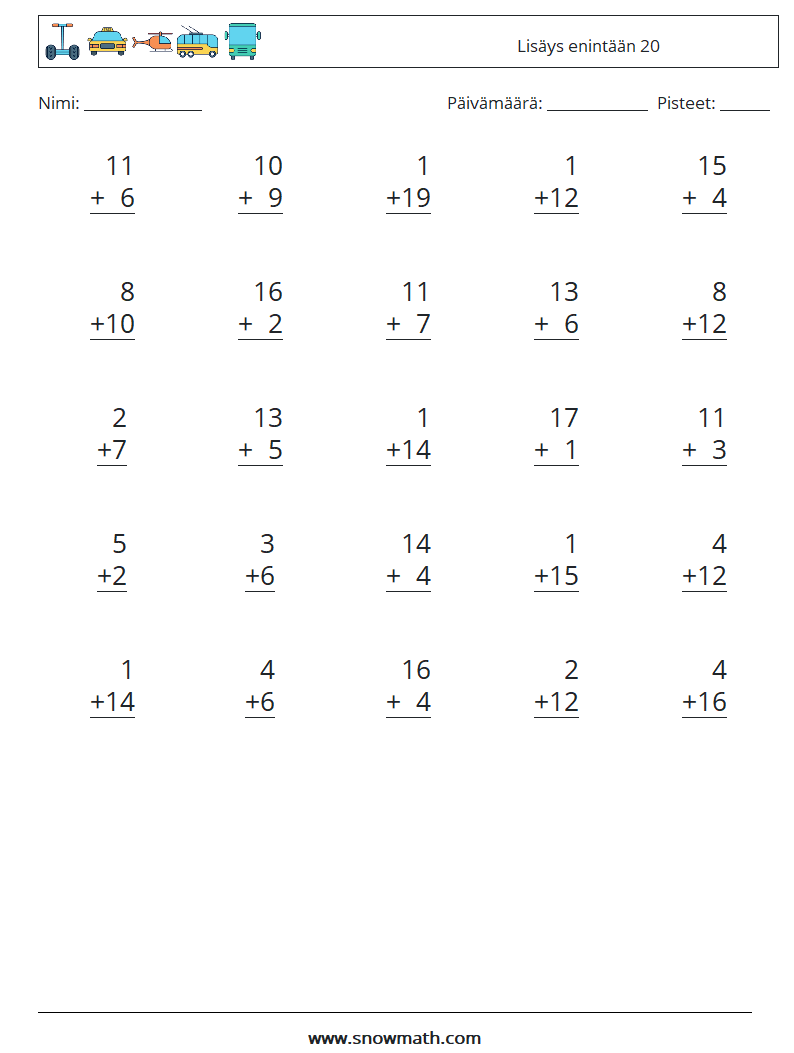 (25) Lisäys enintään 20 Matematiikan laskentataulukot 12