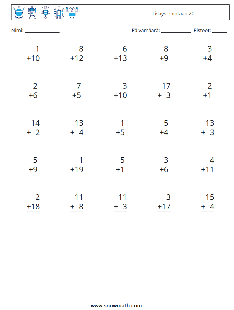 (25) Lisäys enintään 20 Matematiikan laskentataulukot 13