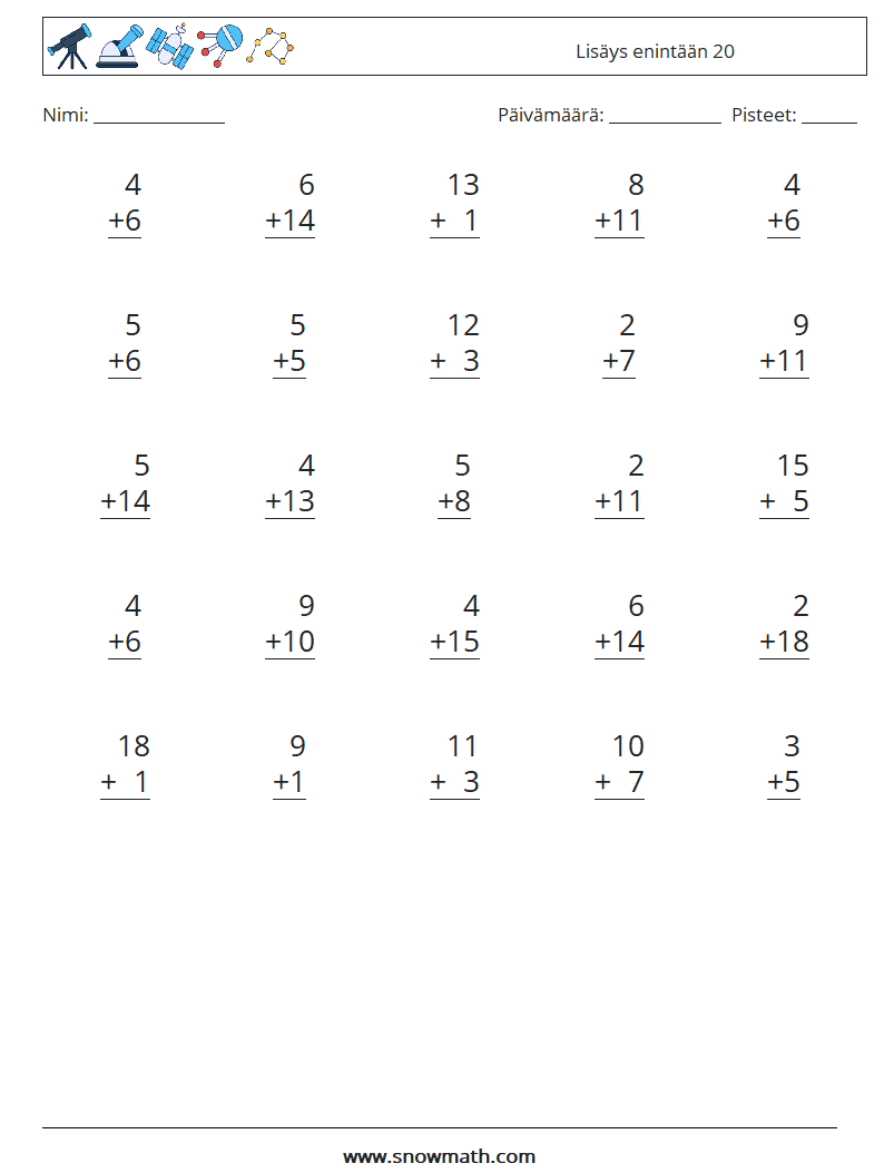 (25) Lisäys enintään 20 Matematiikan laskentataulukot 14