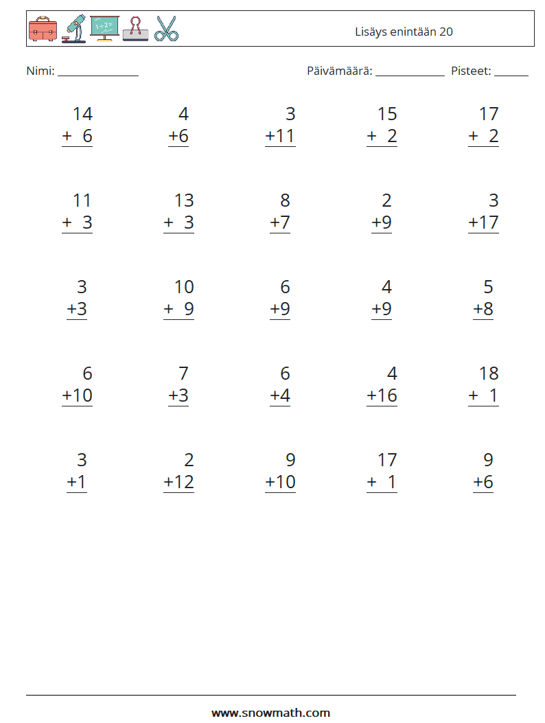 (25) Lisäys enintään 20 Matematiikan laskentataulukot 16