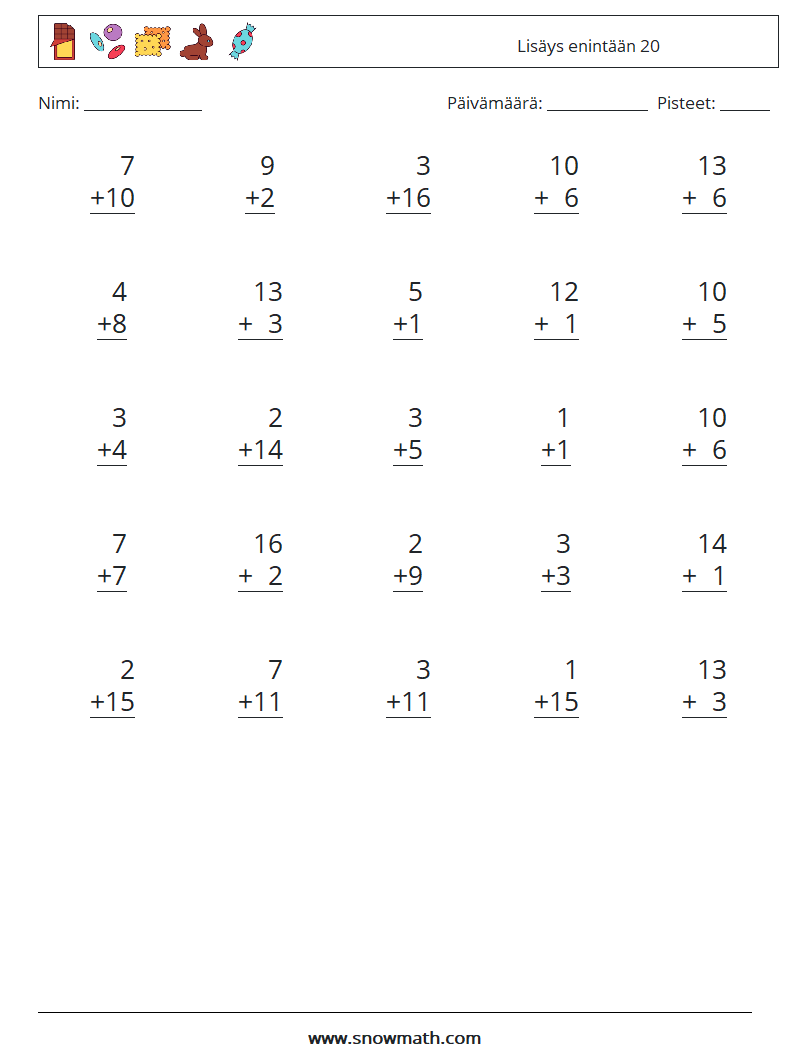 (25) Lisäys enintään 20 Matematiikan laskentataulukot 17