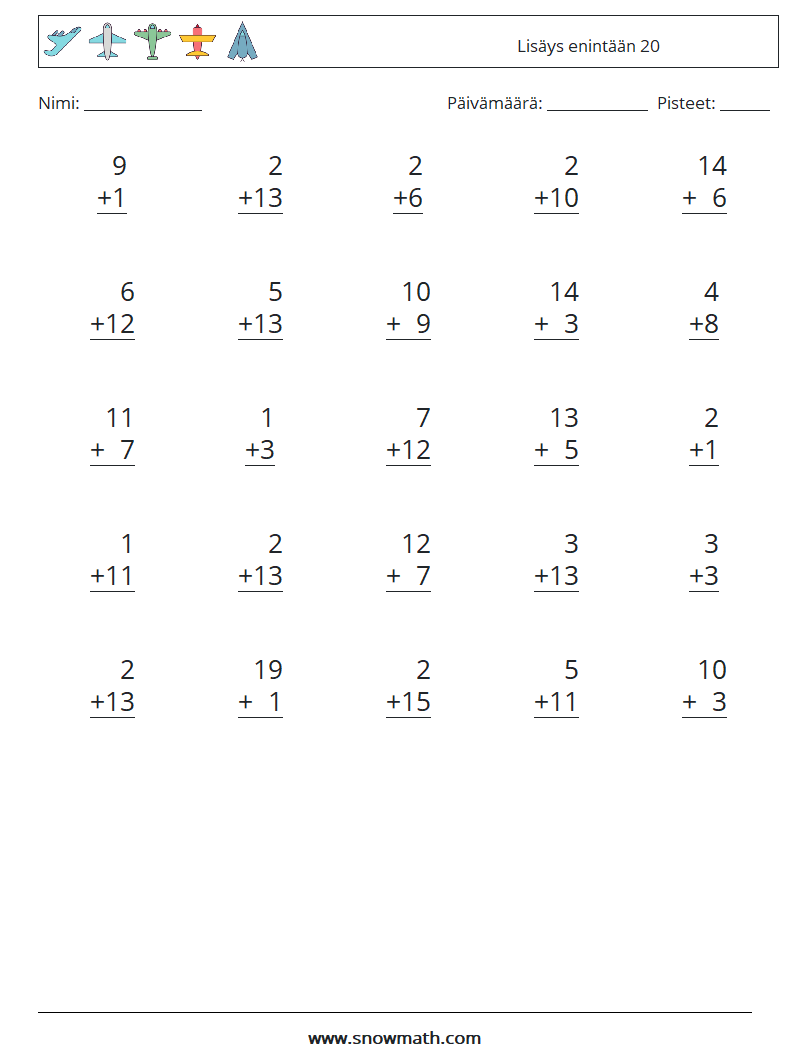 (25) Lisäys enintään 20 Matematiikan laskentataulukot 2