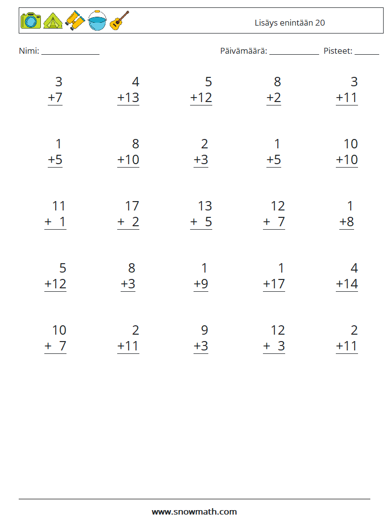 (25) Lisäys enintään 20 Matematiikan laskentataulukot 5