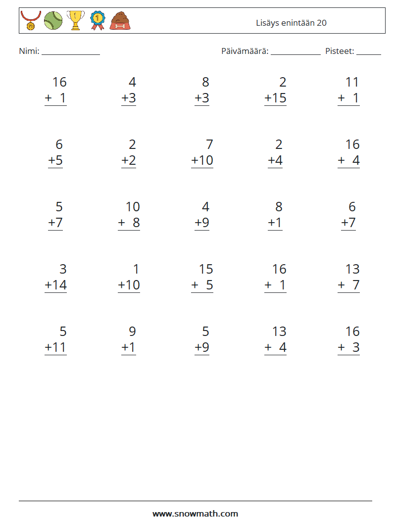 (25) Lisäys enintään 20 Matematiikan laskentataulukot 8