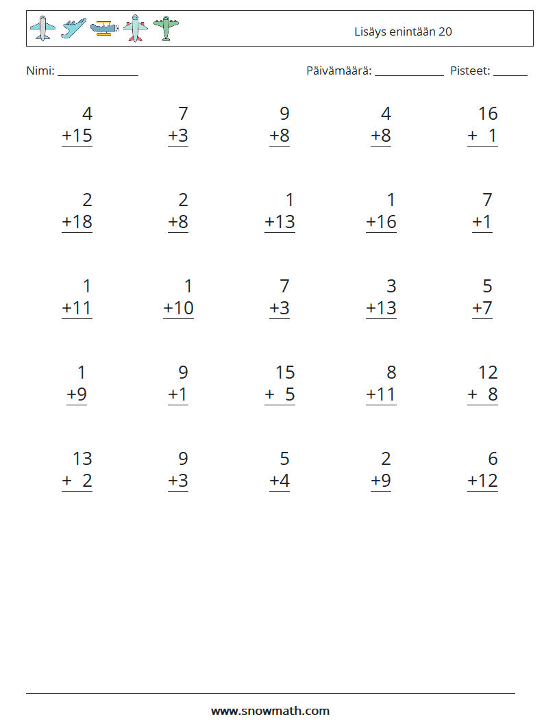 (25) Lisäys enintään 20 Matematiikan laskentataulukot 9