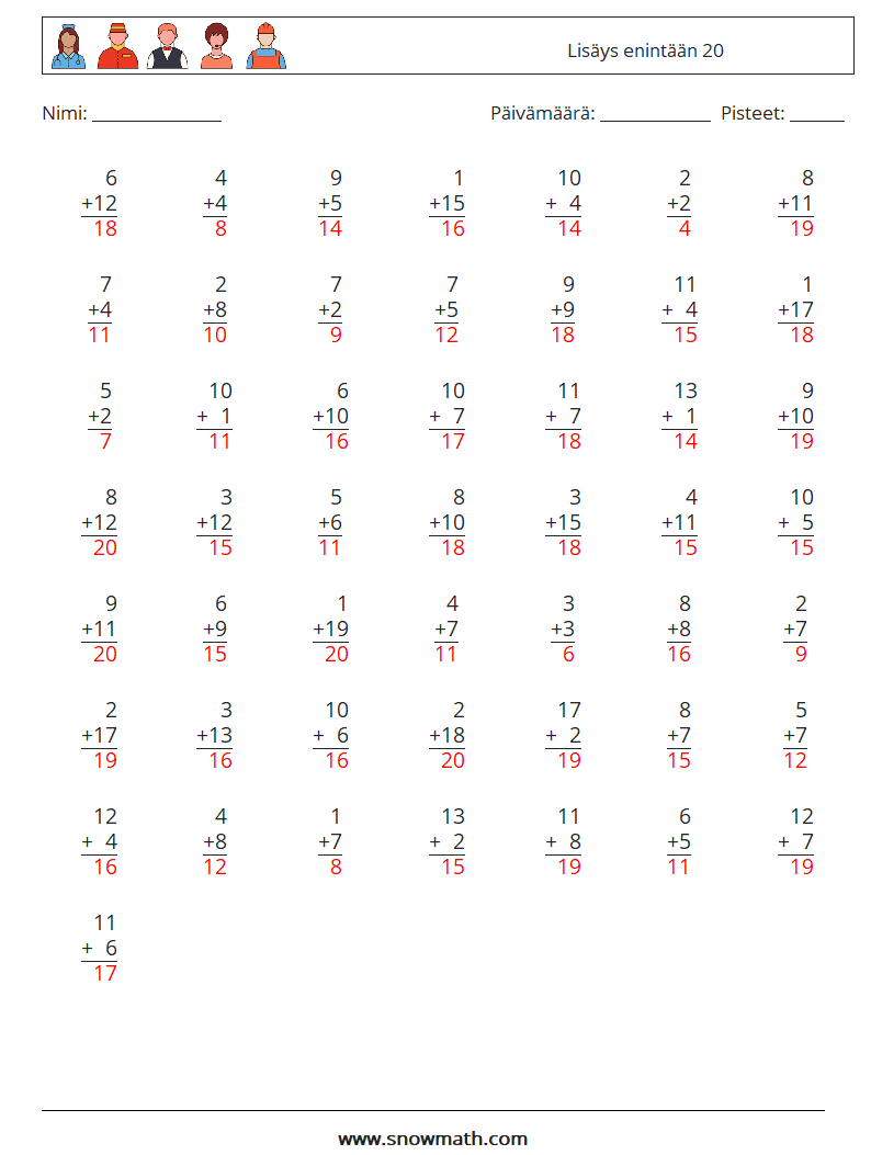 (50) Lisäys enintään 20 Matematiikan laskentataulukot 11 Kysymys, vastaus