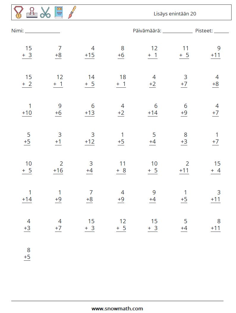 (50) Lisäys enintään 20 Matematiikan laskentataulukot 16