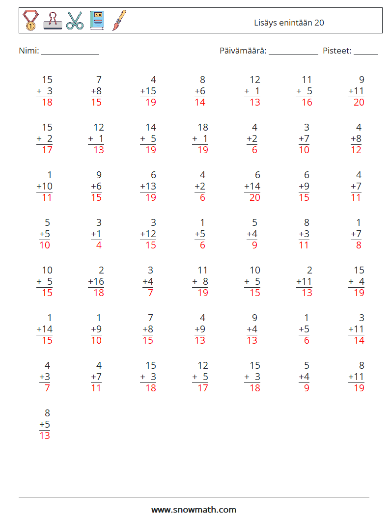 (50) Lisäys enintään 20 Matematiikan laskentataulukot 16 Kysymys, vastaus