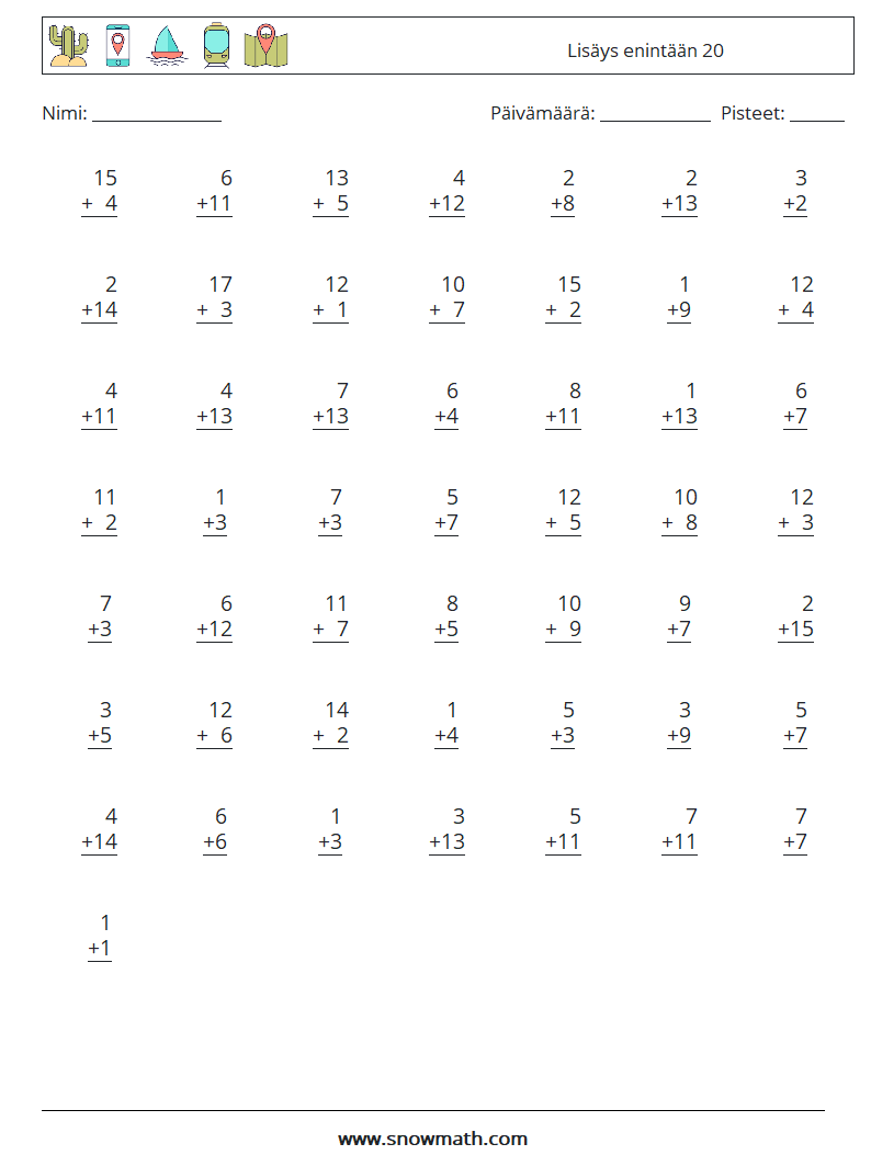 (50) Lisäys enintään 20 Matematiikan laskentataulukot 17