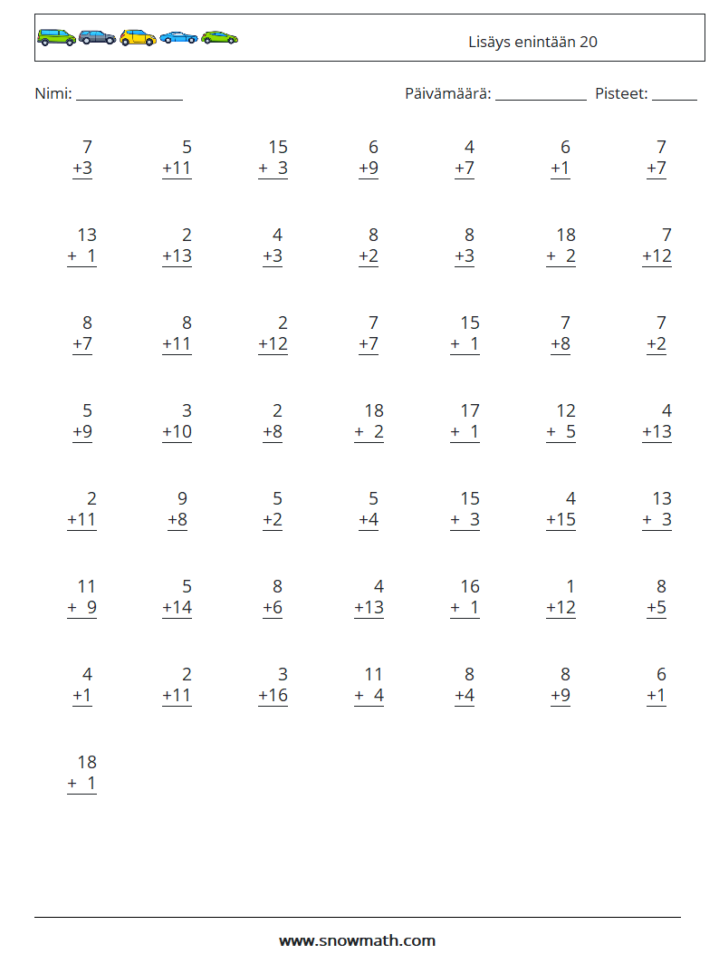 (50) Lisäys enintään 20 Matematiikan laskentataulukot 18