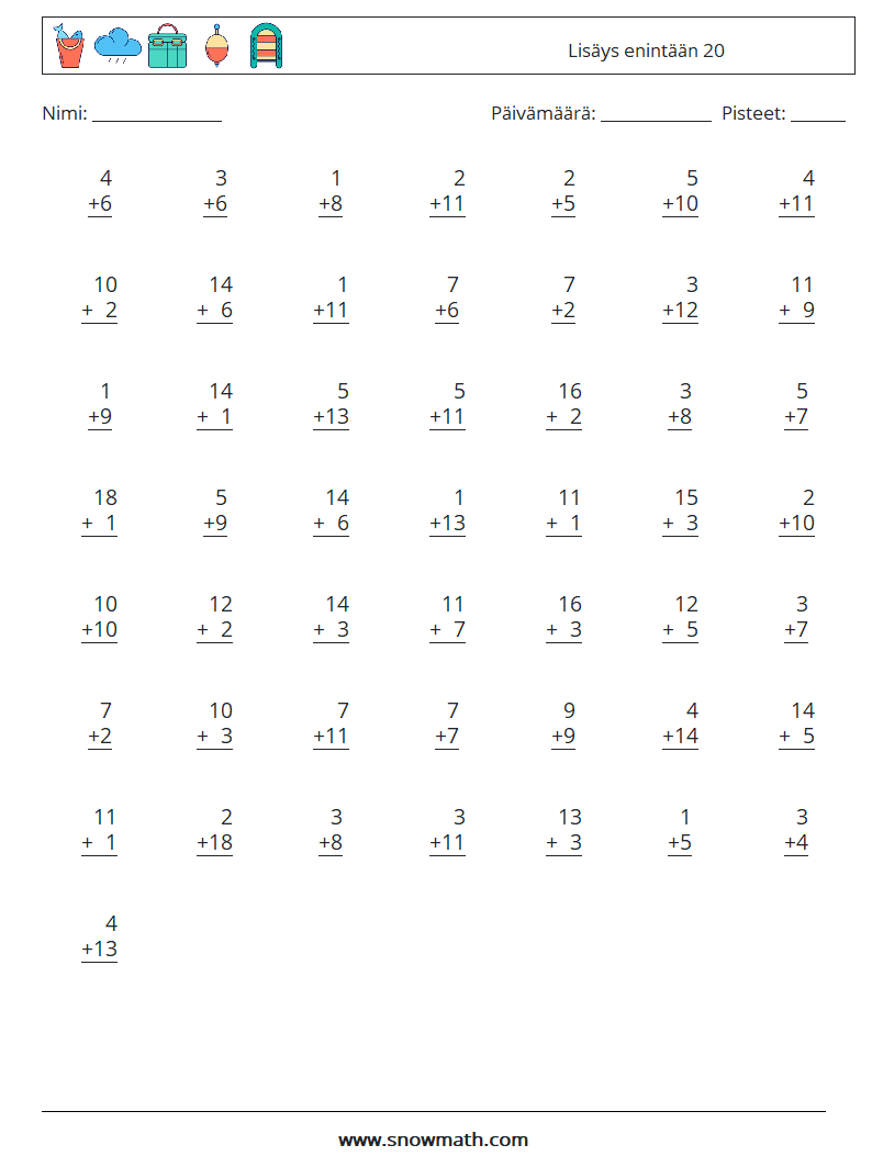(50) Lisäys enintään 20 Matematiikan laskentataulukot 2