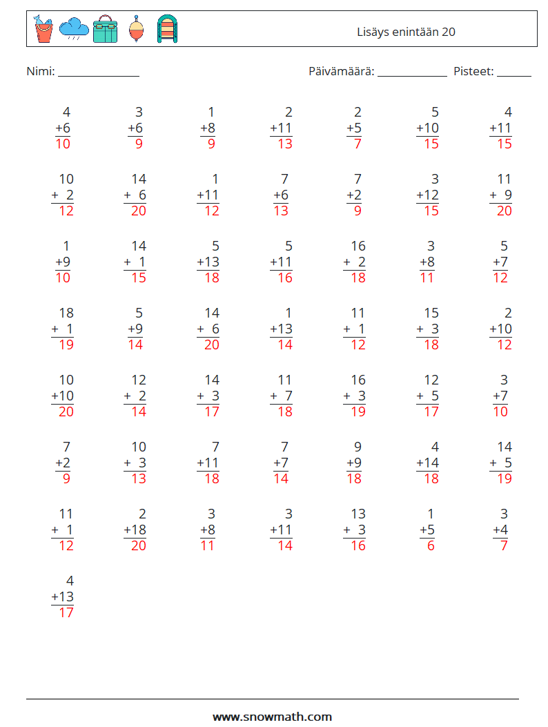 (50) Lisäys enintään 20 Matematiikan laskentataulukot 2 Kysymys, vastaus