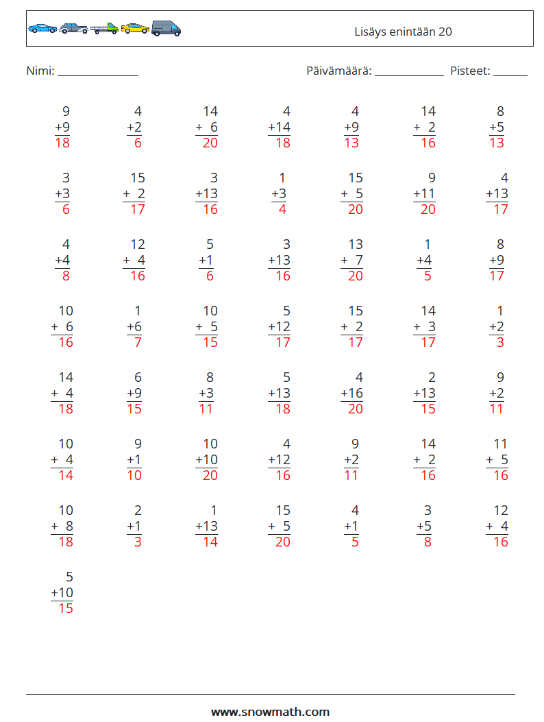 (50) Lisäys enintään 20 Matematiikan laskentataulukot 3 Kysymys, vastaus