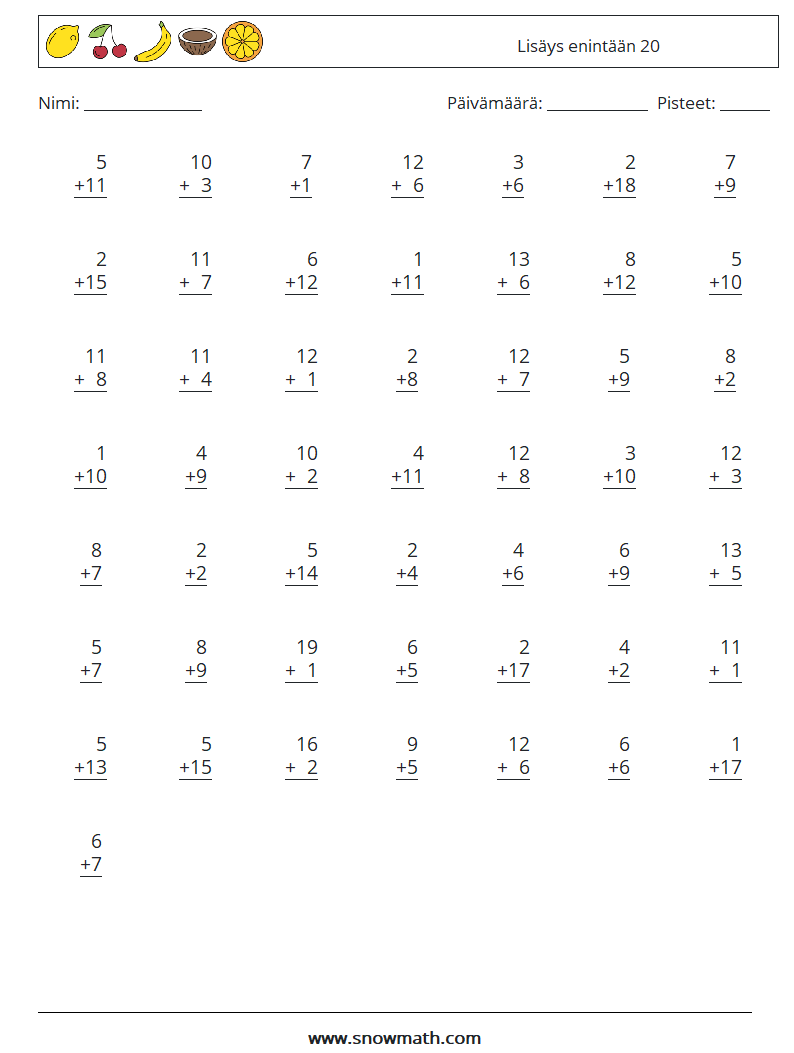 (50) Lisäys enintään 20 Matematiikan laskentataulukot 7