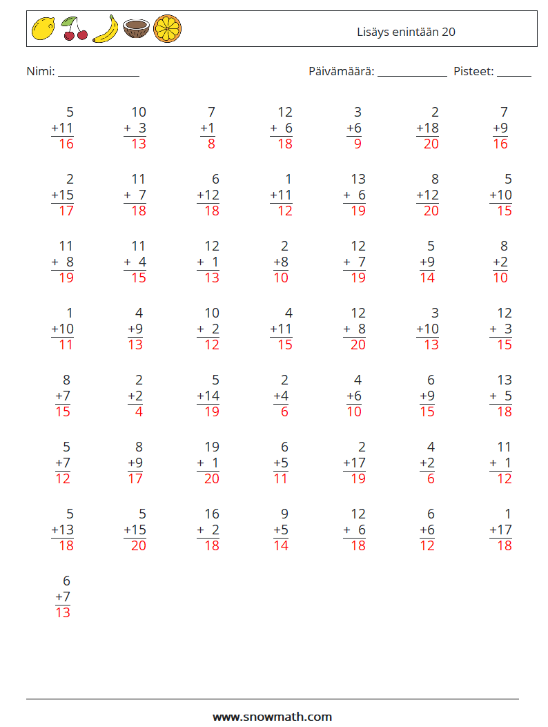 (50) Lisäys enintään 20 Matematiikan laskentataulukot 7 Kysymys, vastaus