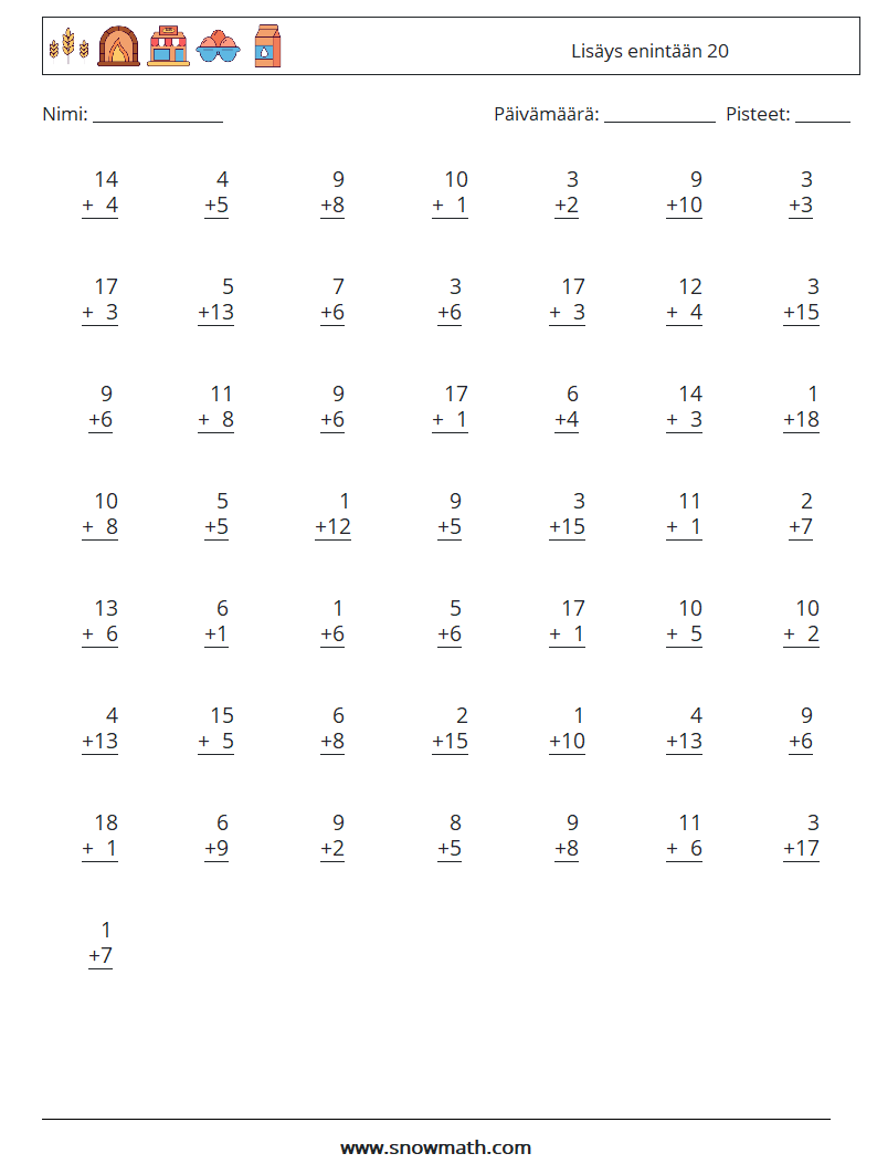 (50) Lisäys enintään 20 Matematiikan laskentataulukot 8