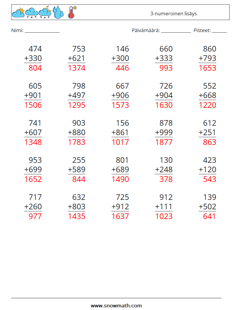 (25) 3-numeroinen lisäys Matematiikan laskentataulukot 15 Kysymys, vastaus