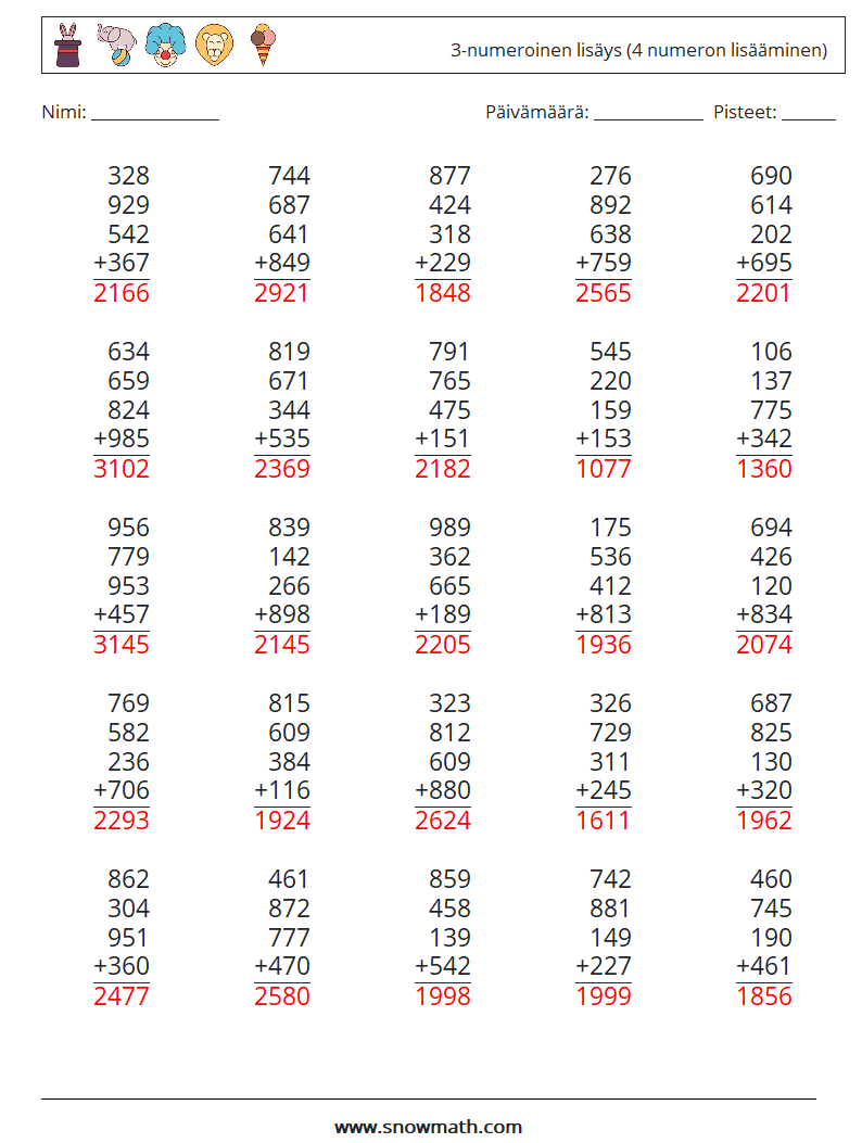 (25) 3-numeroinen lisäys (4 numeron lisääminen) Matematiikan laskentataulukot 15 Kysymys, vastaus