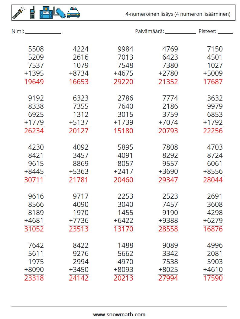 (25) 4-numeroinen lisäys (4 numeron lisääminen) Matematiikan laskentataulukot 11 Kysymys, vastaus