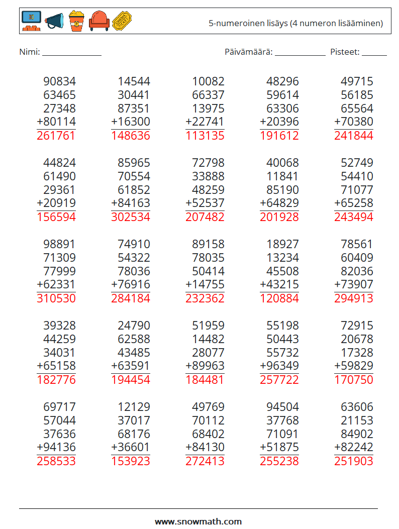 (25) 5-numeroinen lisäys (4 numeron lisääminen) Matematiikan laskentataulukot 14 Kysymys, vastaus